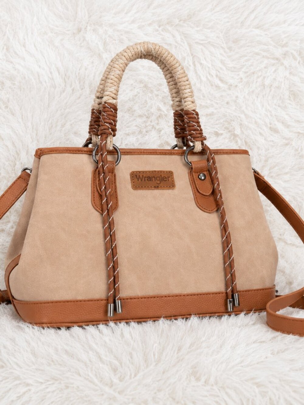🤎 Wrangler Beige & Brown Braided Handle Tote Bag – Crossbody Strap